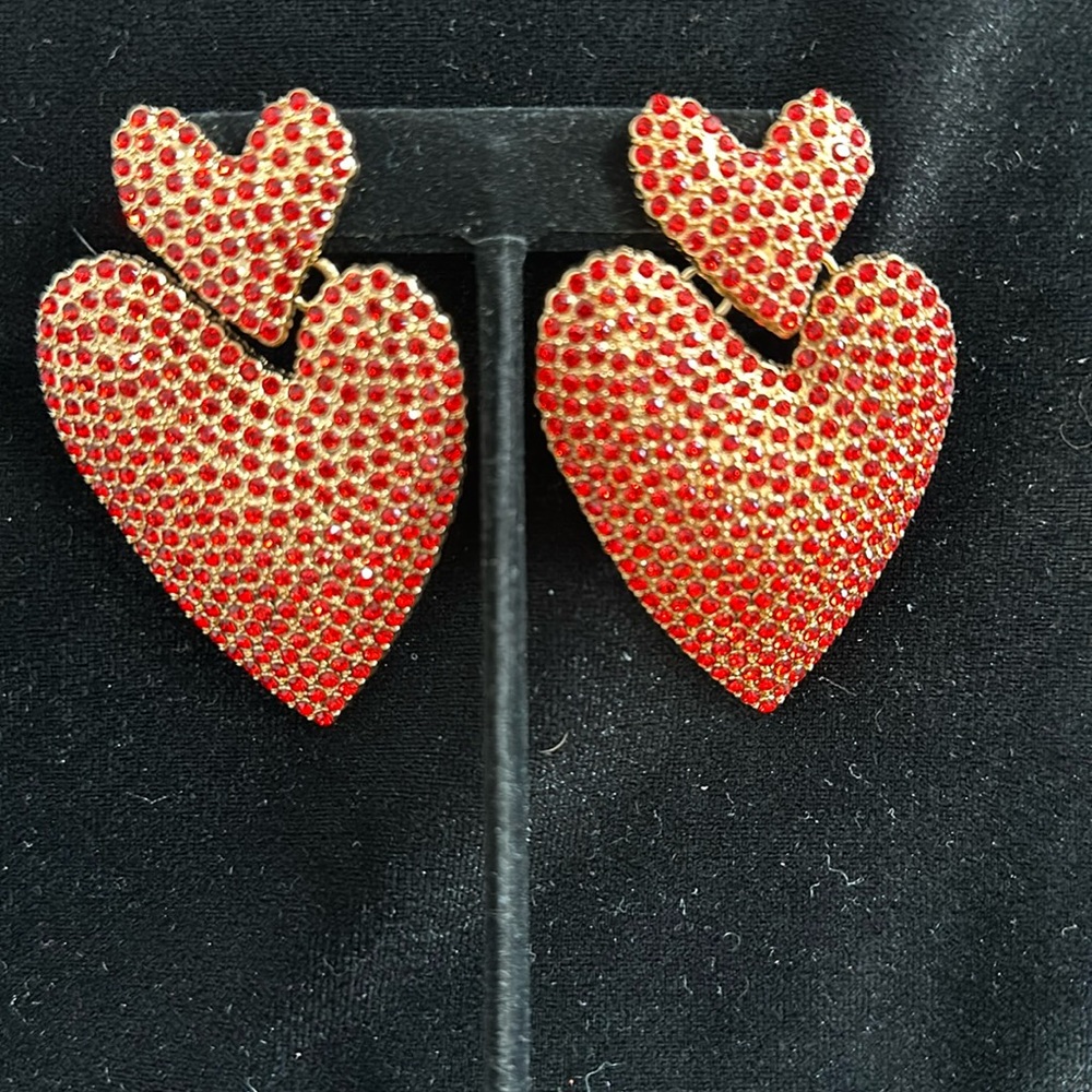 Red rhinestone drop double heart pierced earrings, perfect for Valentines Day